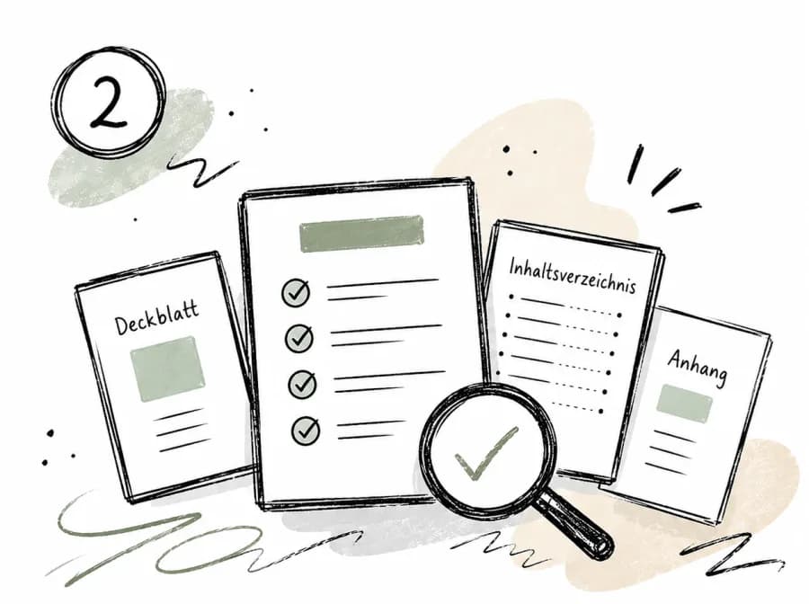 Illustration einer Dokumentprüfung mit Deckblatt, Inhaltsverzeichnis, Seitenzahlen und Anhängen